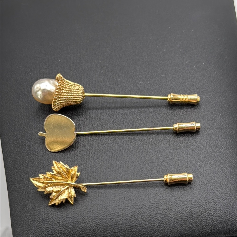 Set of 3 vintage stick pins hat pins gold tone apple flower and leaf